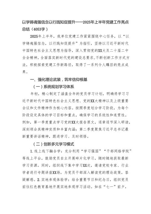 以学铸魂强信念以行践知促提升——2025年上半年党建工作亮点总结（4053字）.docx