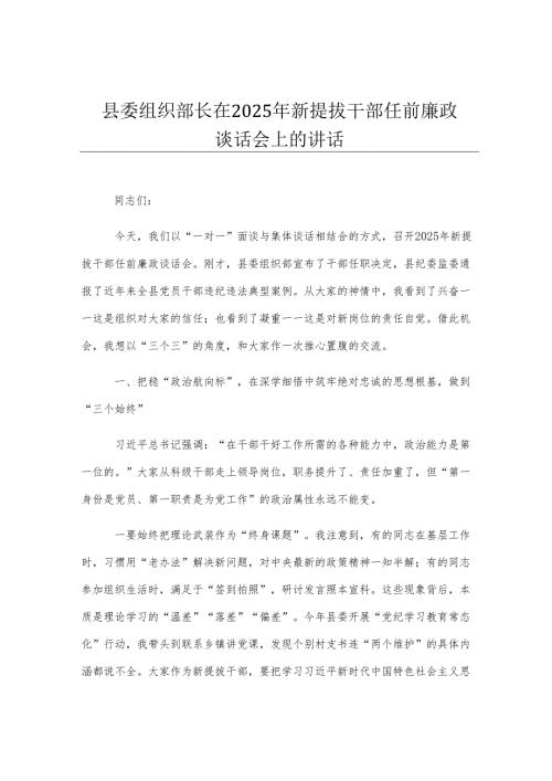 县委组织部长在2025年新提拔干部任前廉政谈话会上的讲话.docx