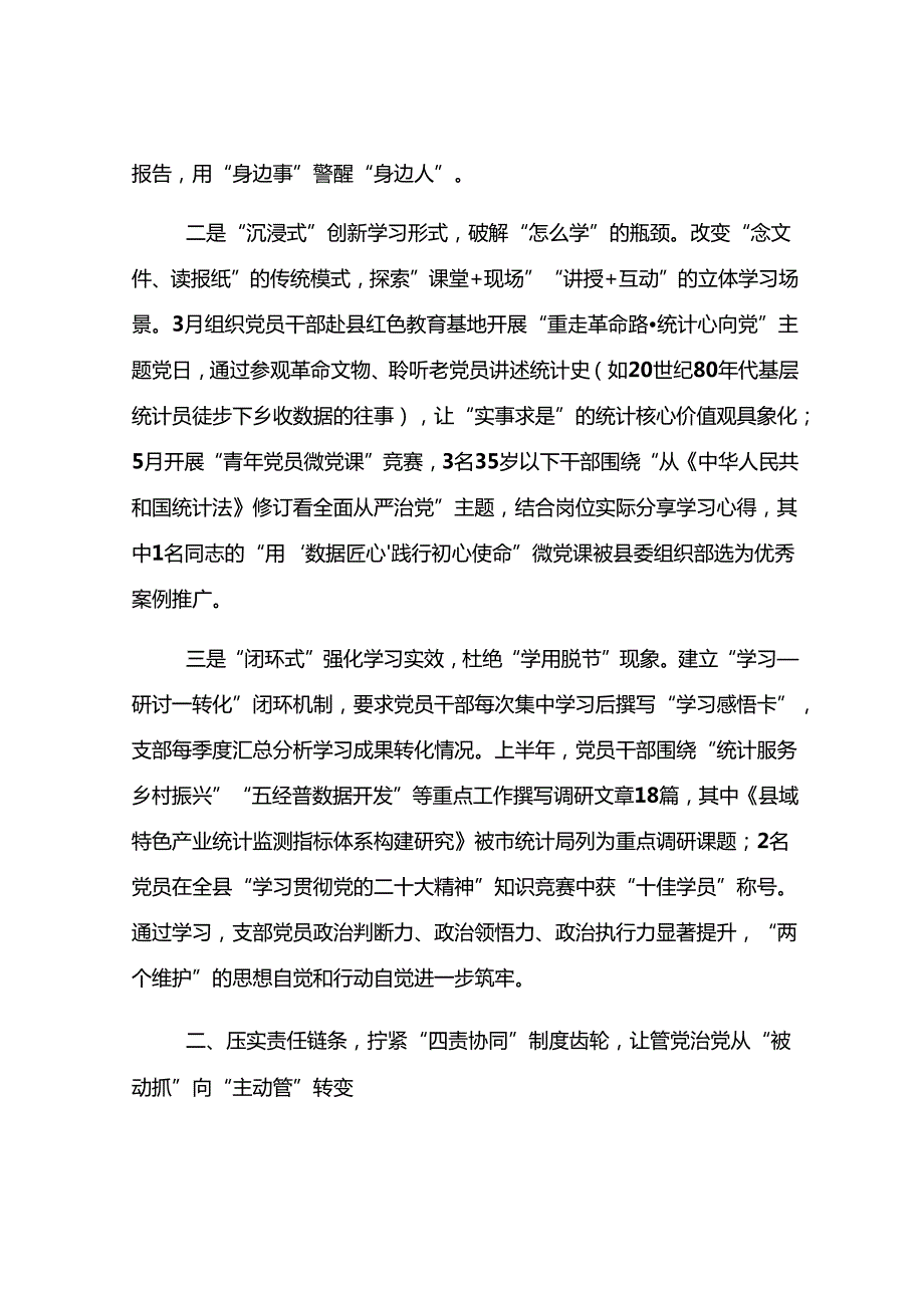 县统计局党支部2025年上半年全面从严治党主体责任落实情况报告.docx_第2页
