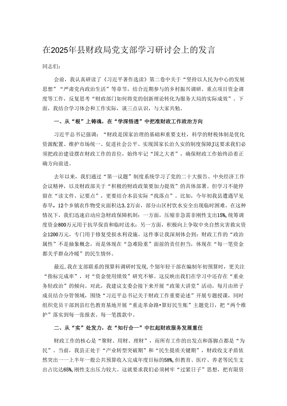 在2025年县财政局党支部学习研讨会上的发言.docx_第1页