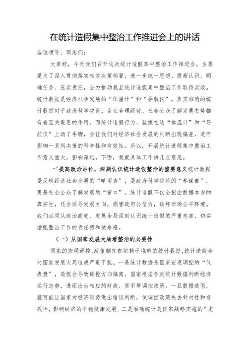在统计造假集中整治工作推进会上的讲话.docx