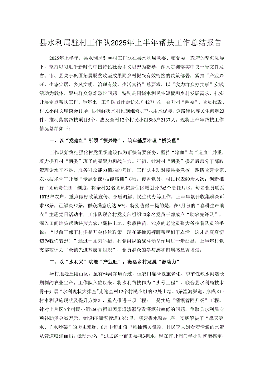 县水利局驻村工作队2025年上半年帮扶工作总结报告.docx_第1页