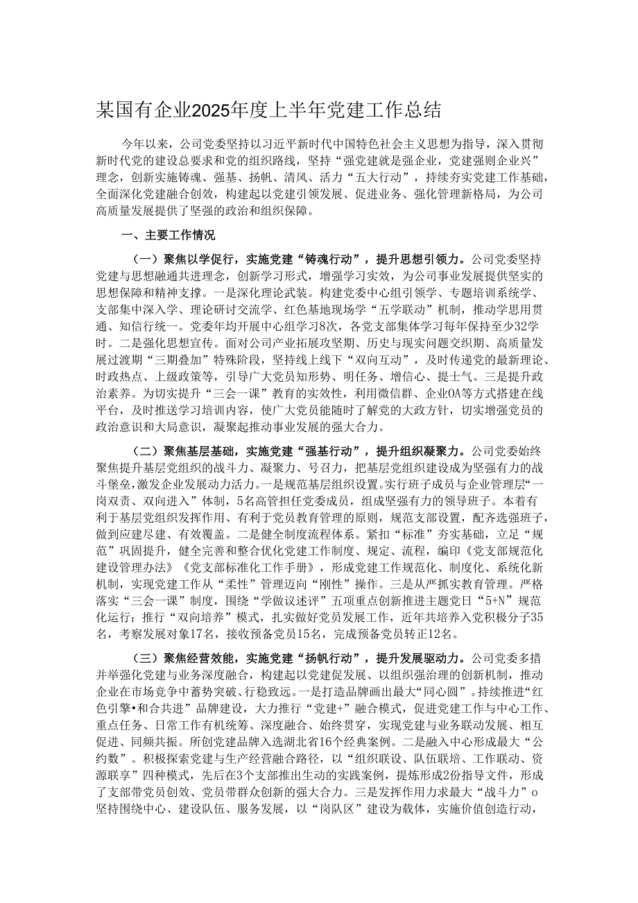某国有企业2025年度上半年党建工作总结.docx_第1页