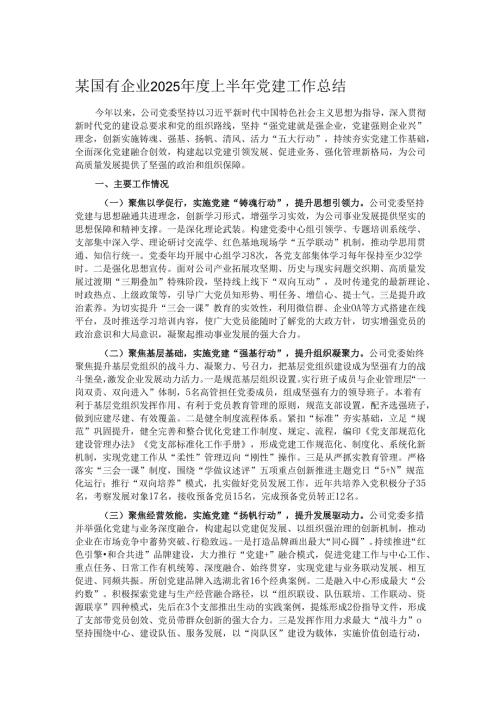某国有企业2025年度上半年党建工作总结.docx
