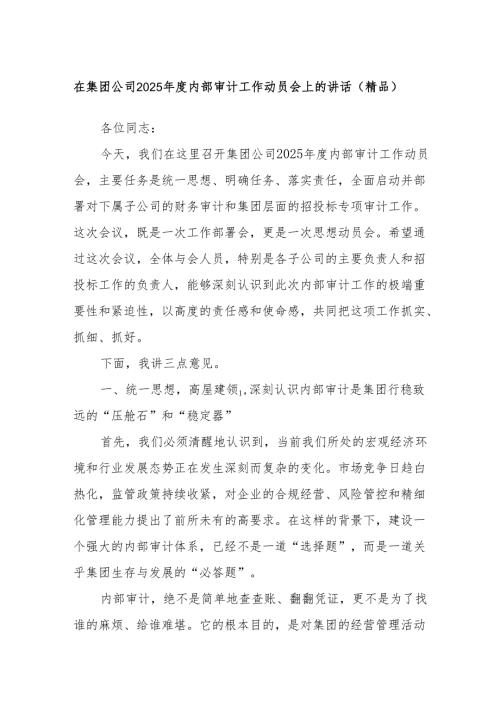 在集团公司2025年度内部审计工作动员会上的讲话（精品）.docx