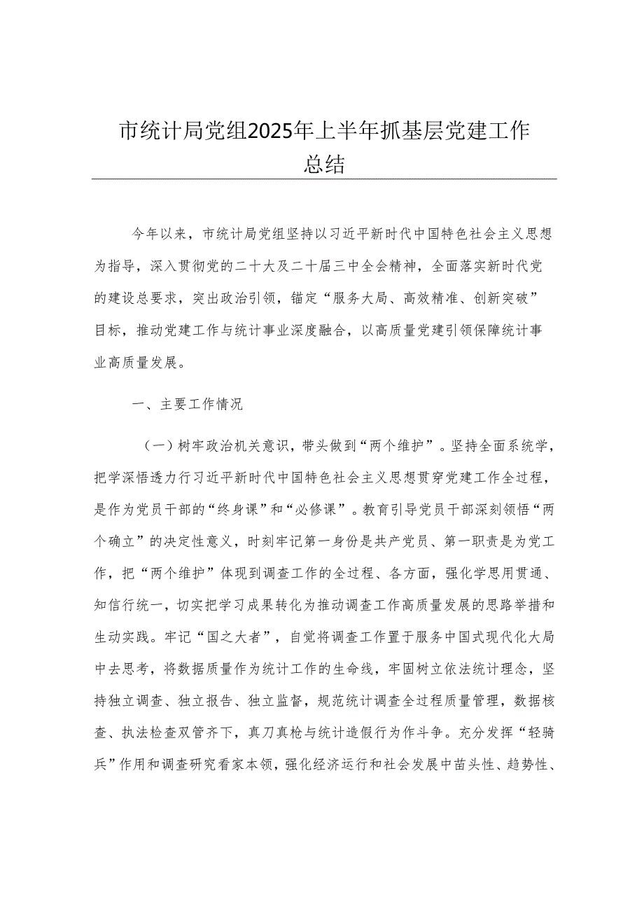 市统计局党组2025年上半年抓基层党建工作总结.docx_第1页