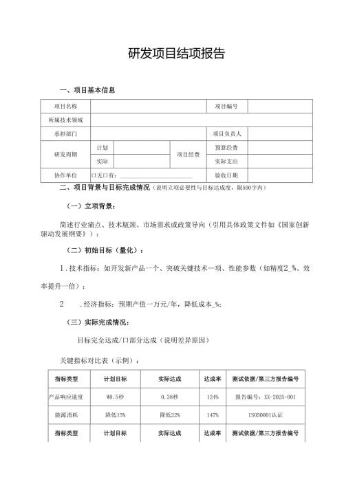 高新技术企业研发项目结项报告范本结题报告模板.docx