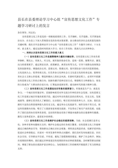 县长在县委理论学习中心组“宣传思想文化工作”专题学习研讨上的发言.docx