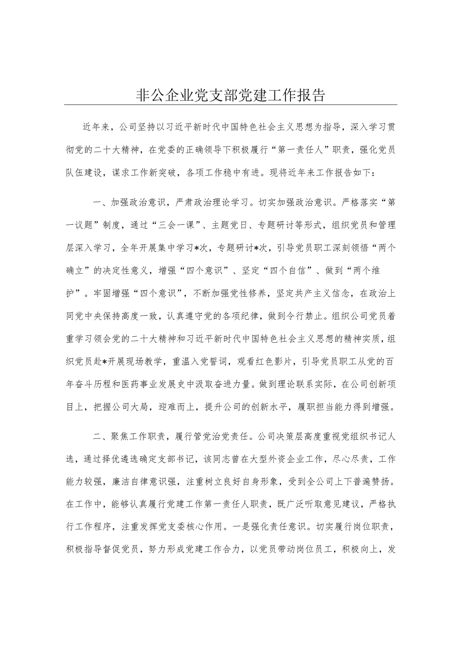 非公企业党支部党建工作报告.docx_第1页