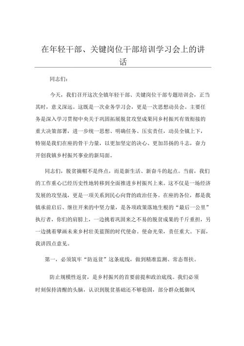 在年轻干部、关键岗位干部培训学习会上的讲话.docx