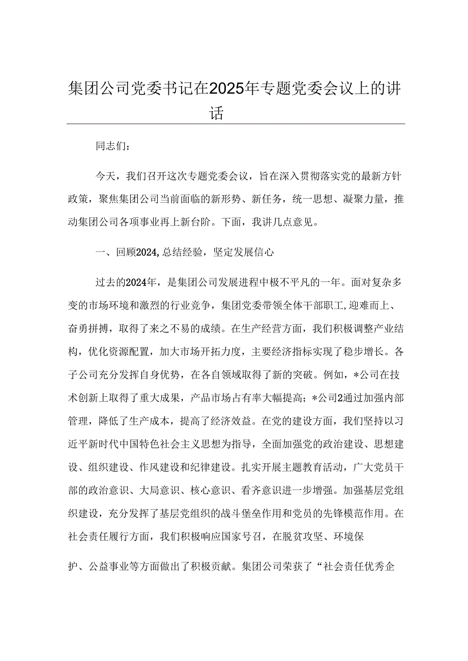 集团公司党委书记在2025年专题党委会议上的讲话.docx_第1页