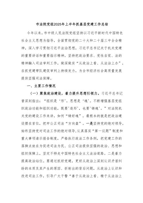 市法院党组2025年上半年抓基层党建工作总结.docx