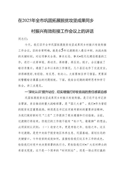 在2025年全市巩固拓展脱贫攻坚成果同乡村振兴有效衔接工作会议上的讲话.docx