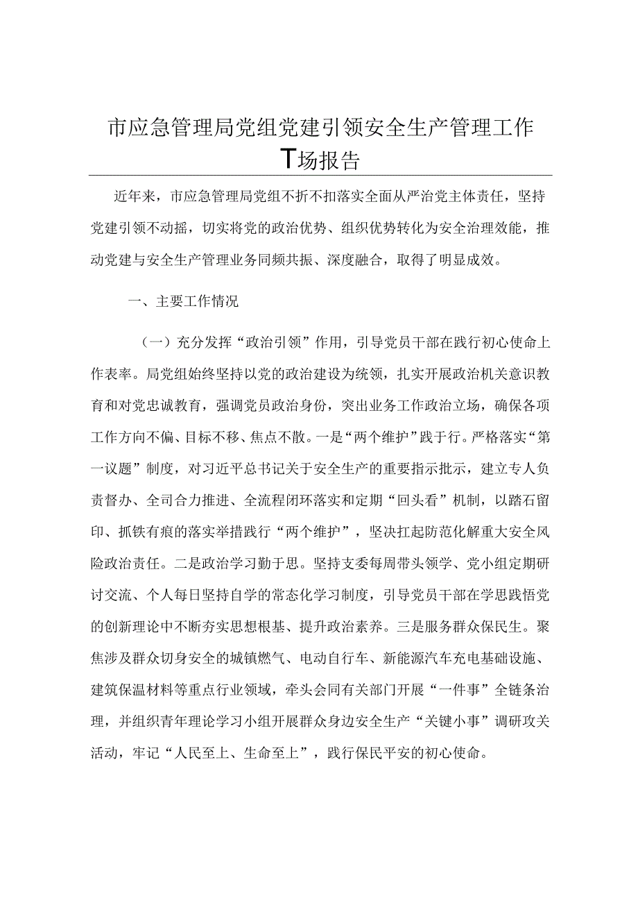 市应急管理局党组党建引领安全生产管理工作情况报告.docx_第1页
