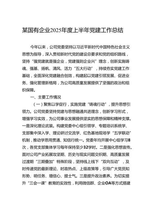 国有企业2025年度上半年党建工作总结.docx