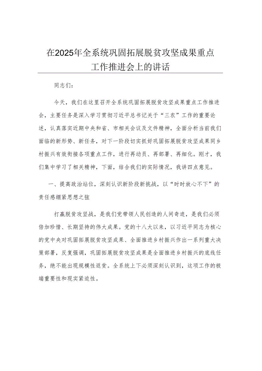 在2025年全系统巩固拓展脱贫攻坚成果重点工作推进会上的讲话.docx_第1页