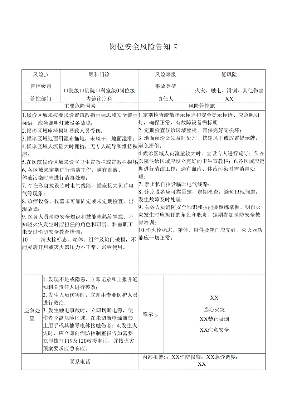眼科门诊岗位安全风险告知卡（2025年XX市医院）.docx_第1页