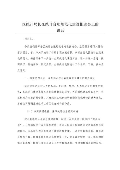区统计局长在统计台账规范化建设推进会上的讲话.docx