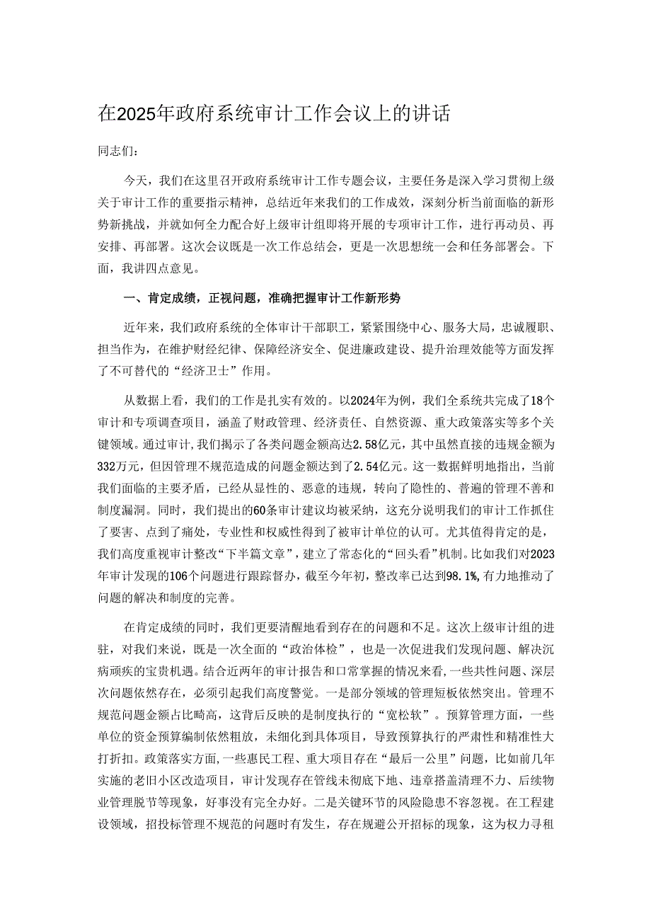 在2025年政府系统审计工作会议上的讲话.docx_第1页