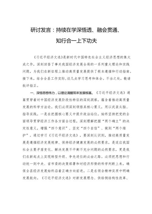 学习《习近平经济文选》研讨发言：持续在学深悟透、融会贯通、知行合一上下功夫.docx