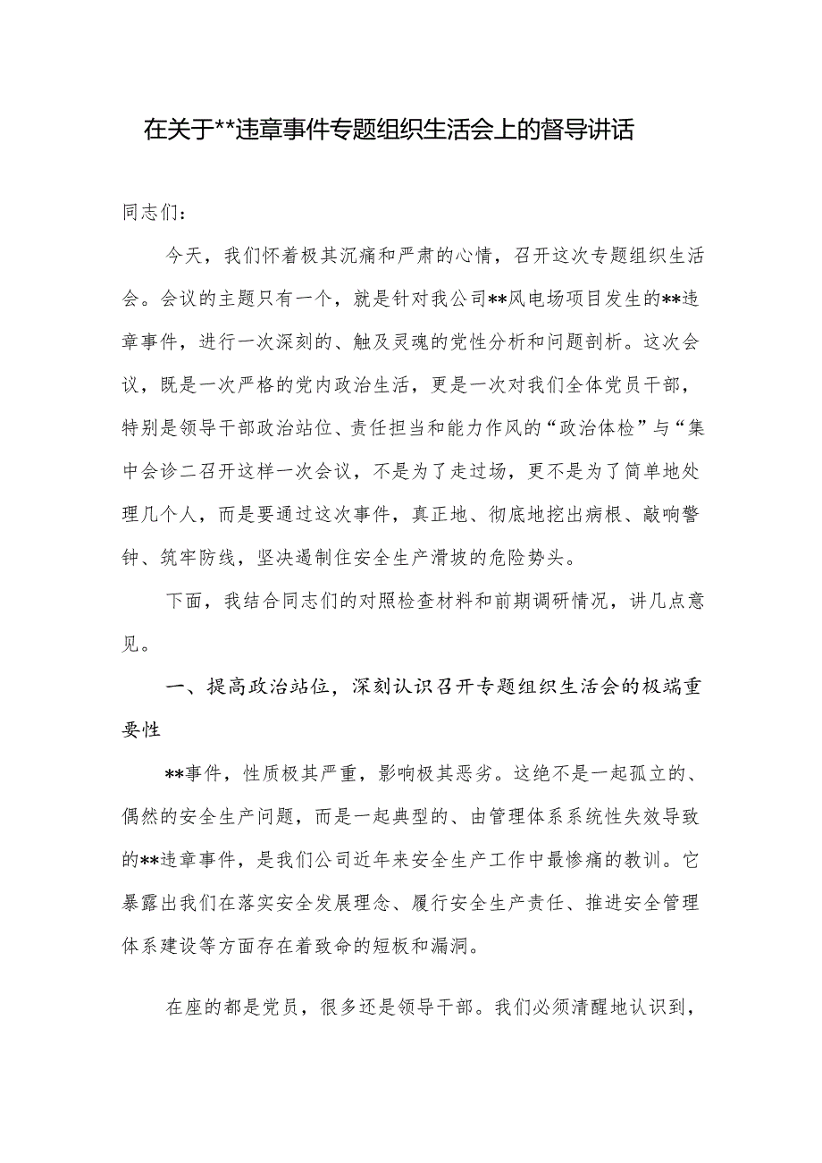 领导在2025年关于企业公司违章事件关于安全生产专题组织生活会上的督导讲话.docx_第1页