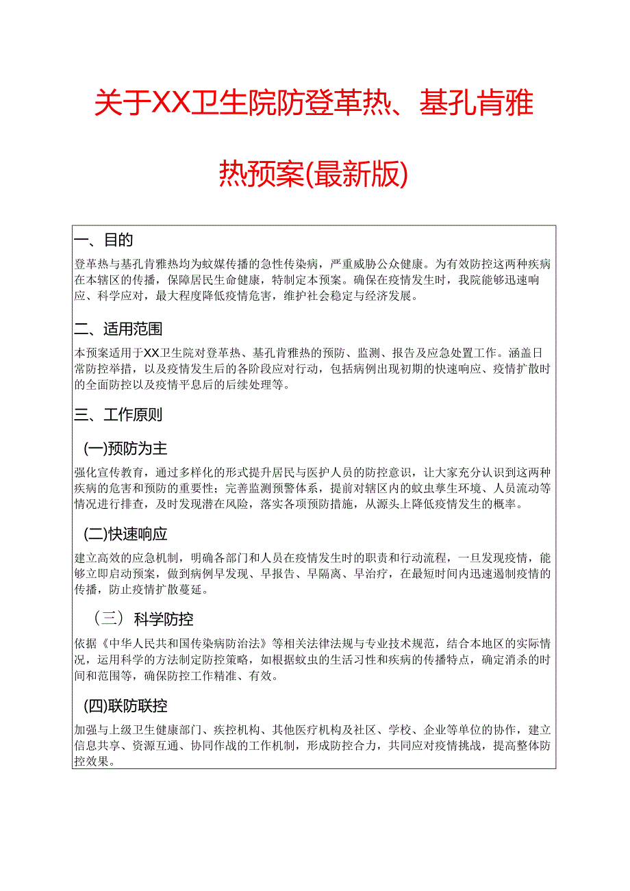 关于XX卫生院防登革热、基孔肯雅热预案（最新版）.docx_第1页