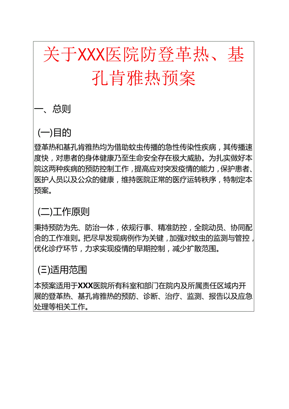 关于XXX医院防登革热、基孔肯雅热预案.docx_第1页