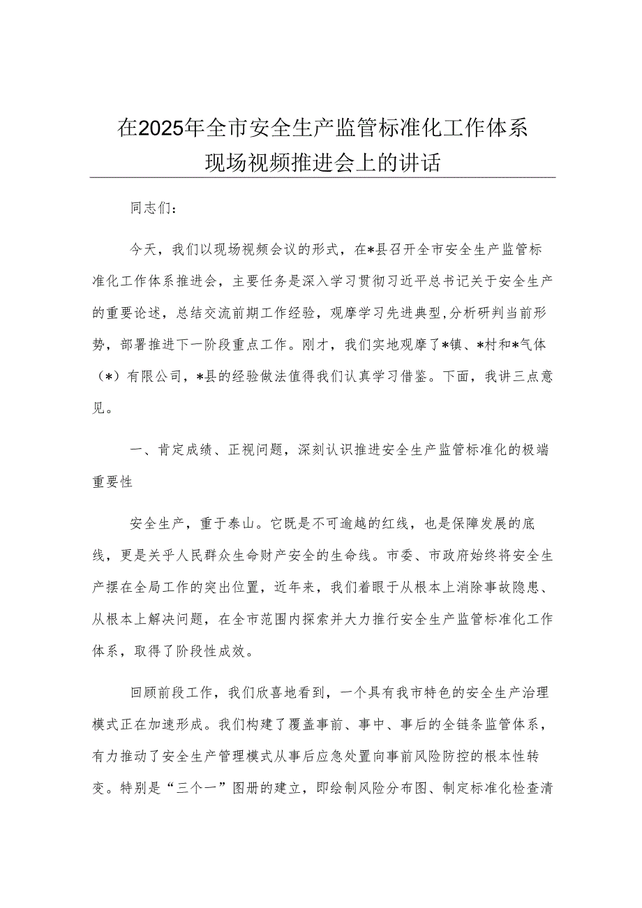 在2025年全市安全生产监管标准化工作体系现场视频推进会上的讲话.docx_第1页