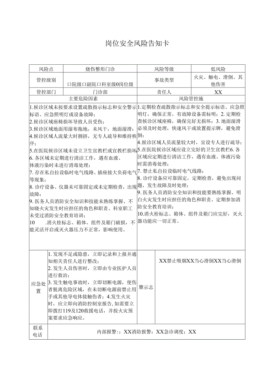 烧伤整形门诊岗位安全风险告知卡（2025年XX市医院）.docx_第1页