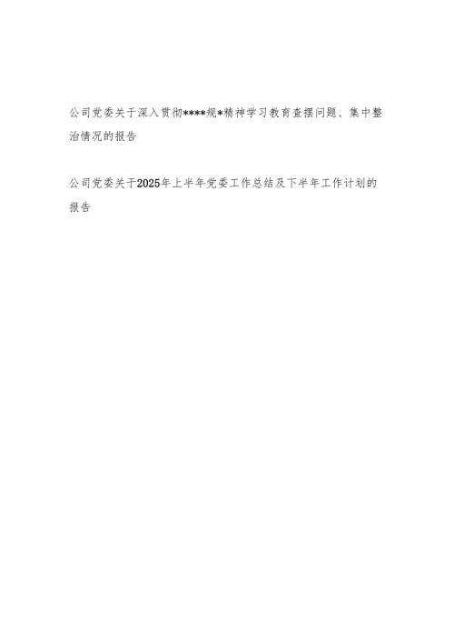 公司党委2025年8月关于深入贯彻精神学习教育查摆问题、集中整治情况的报告和2025年上半年工作总结及下半年工作计划.docx