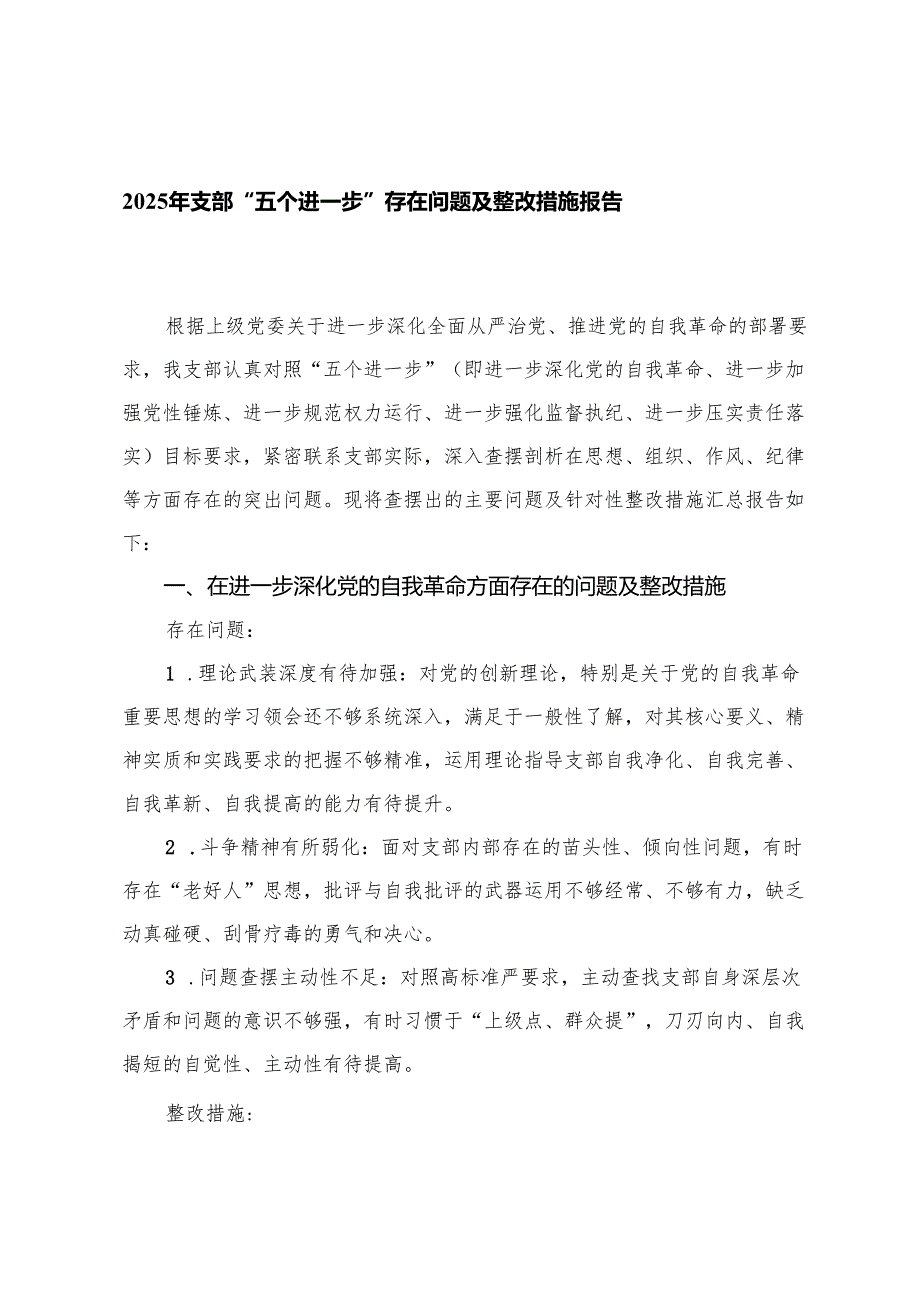 （进一步深化党的自我革命、进一步加强党性锤炼、进一步规范权力运行、进一步强化监督执纪、进一步压实责任落实）2025年支部“五个进一步”存.docx_第1页