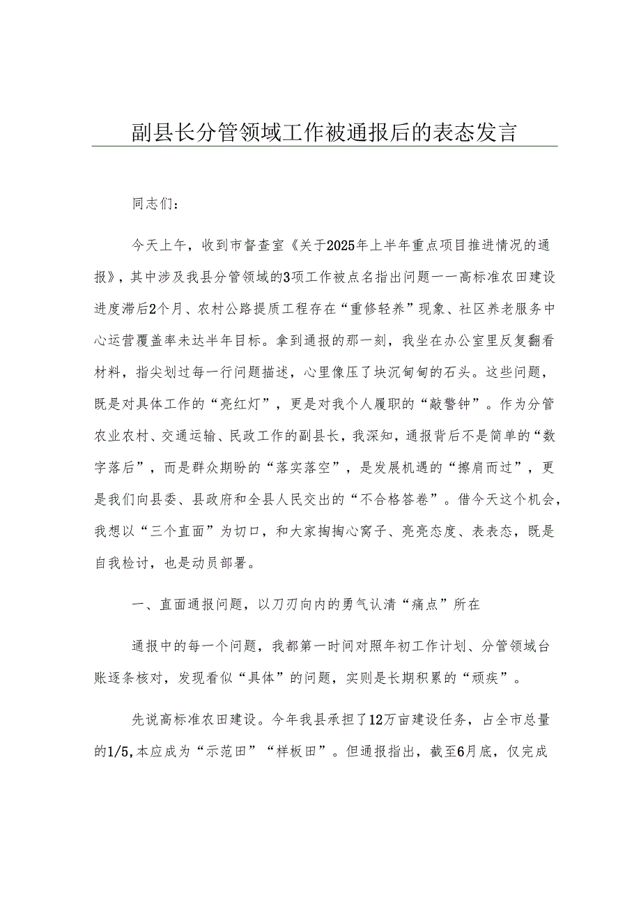副县长分管领域工作被通报后的表态发言.docx_第1页