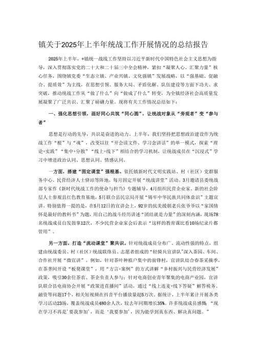 镇关于2025年上半年统战工作开展情况的总结报告.docx