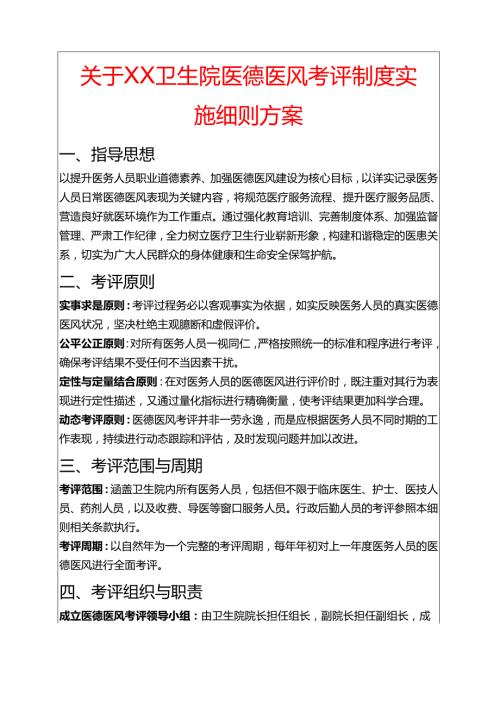 关于XX卫生院医德医风考评制度实施细则方案.docx