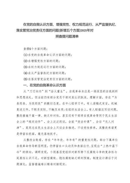 最新“在权力规范运行方面的问题”2025年对照查摆问题清单 集合.docx