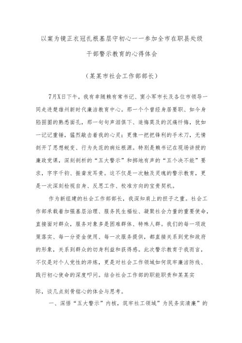 以案为镜正衣冠扎根基层守初心——参加全市在职县处级干部警示教育的心得体会（某某市社会工作部部长）.docx