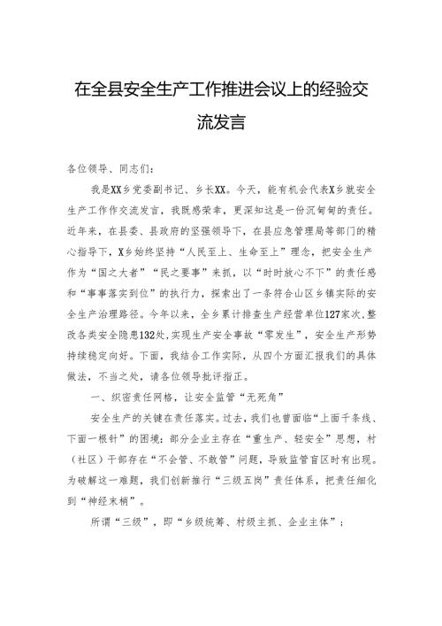 在全县安全生产工作推进会议上的经验交流发言.docx