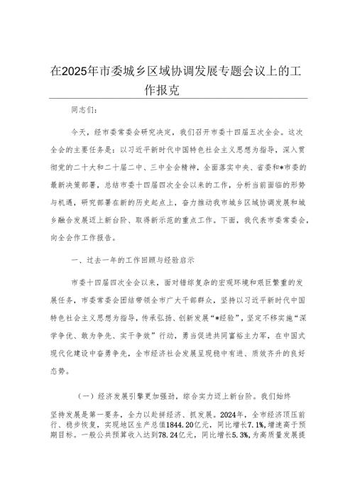 在2025年市委城乡区域协调发展专题会议上的工作报告.docx