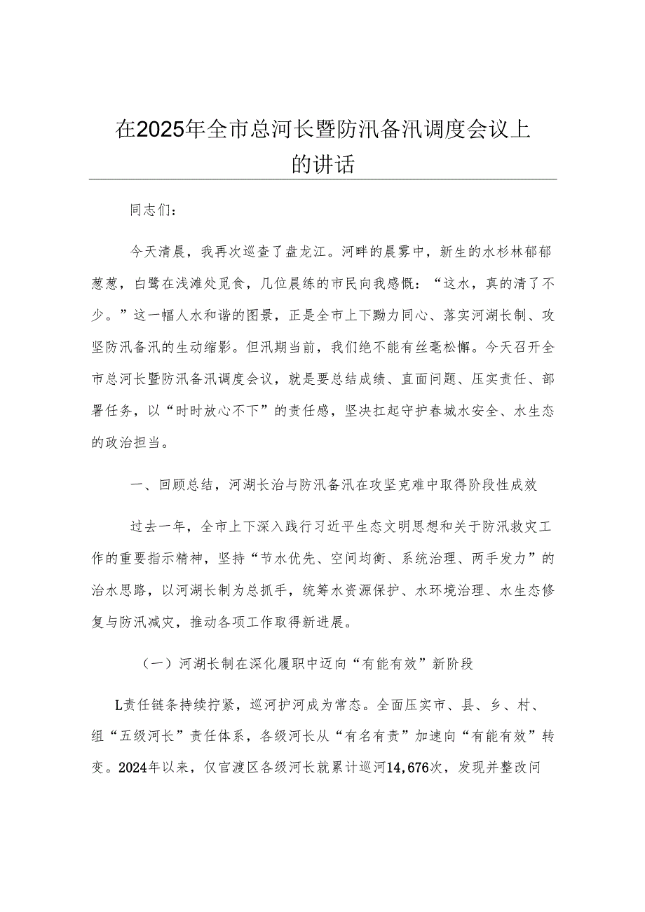 在2025年全市总河长暨防汛备汛调度会议上的讲话.docx_第1页