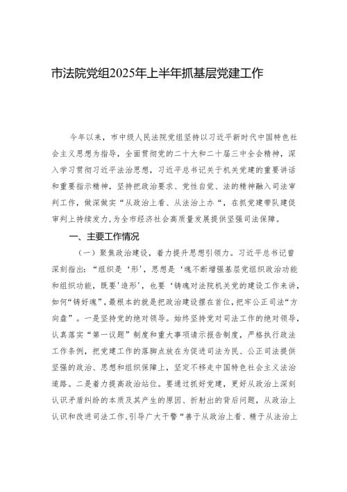 市法院党组2025年上半年抓基层党建工作总结材料.docx