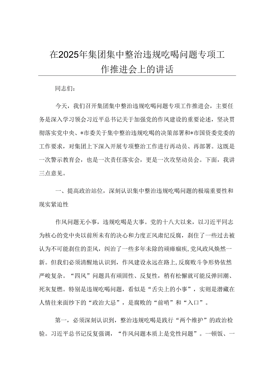 在2025年集团集中整治违规吃喝问题专项工作推进会上的讲话.docx_第1页