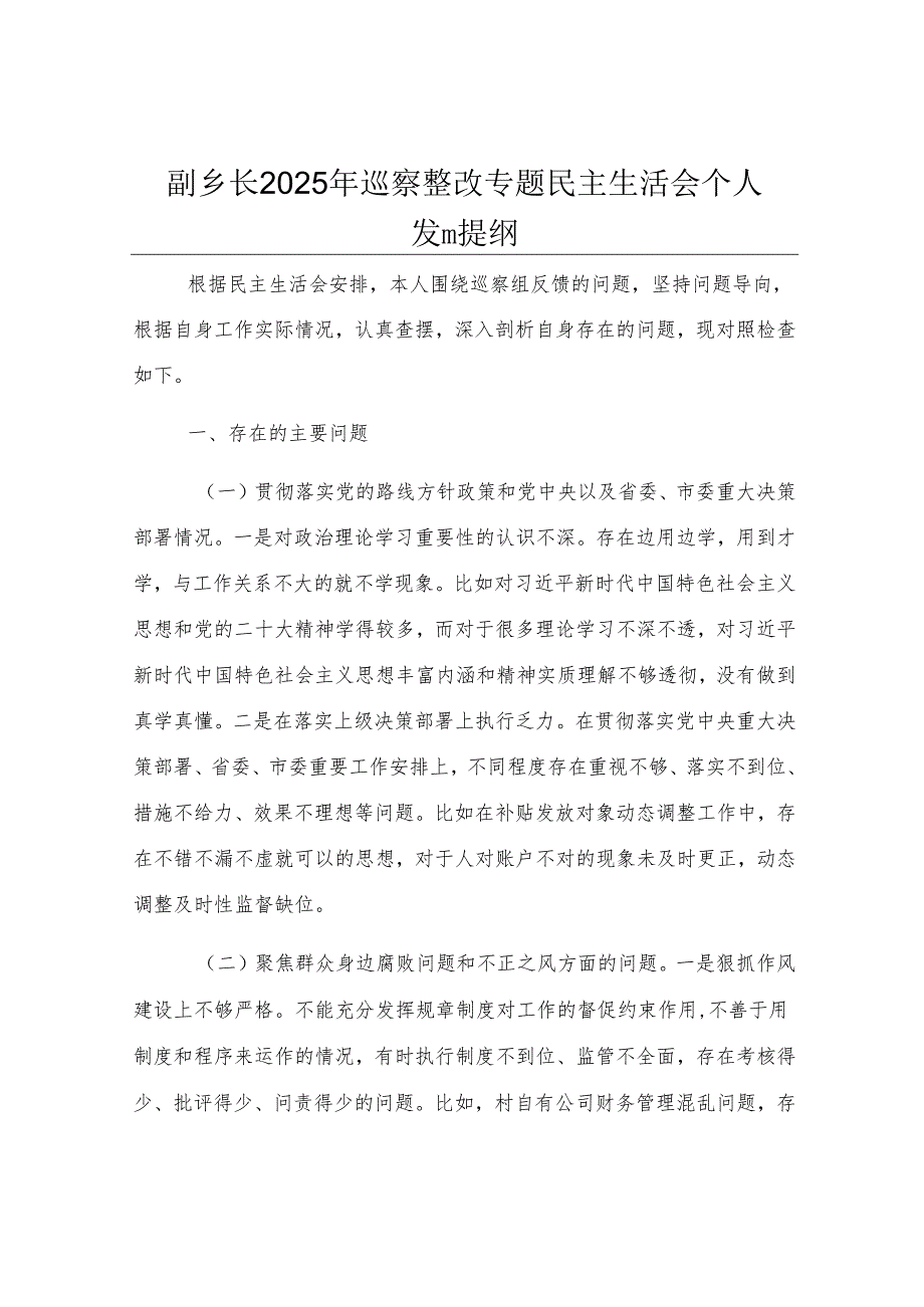 副乡长2025年巡察整改专题民主生活会个人发言提纲.docx_第1页