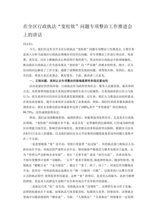 在全区行政执法“宽松软”问题专项整治工作推进会上的讲话.docx