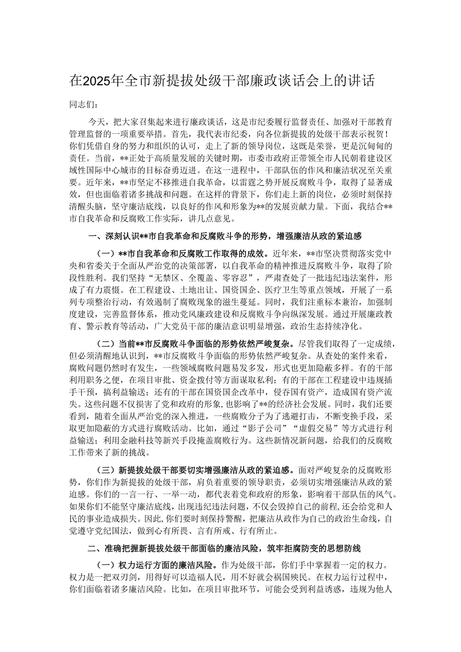 在2025年全市新提拔处级干部廉政谈话会上的讲话.docx_第1页