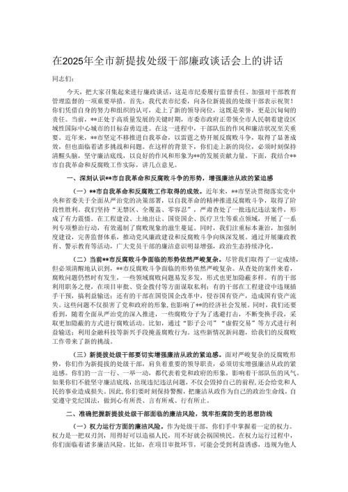 在2025年全市新提拔处级干部廉政谈话会上的讲话.docx