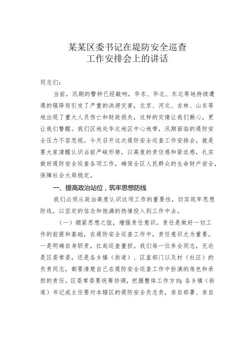 某某区委书记在堤防安全巡查工作安排会上的讲话.docx