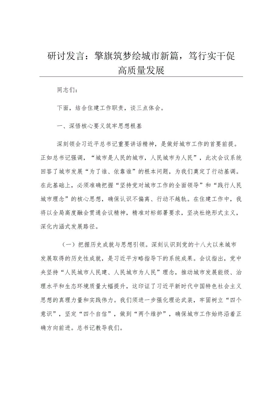 研讨发言：擎旗筑梦绘城市新篇笃行实干促高质量发展.docx_第1页