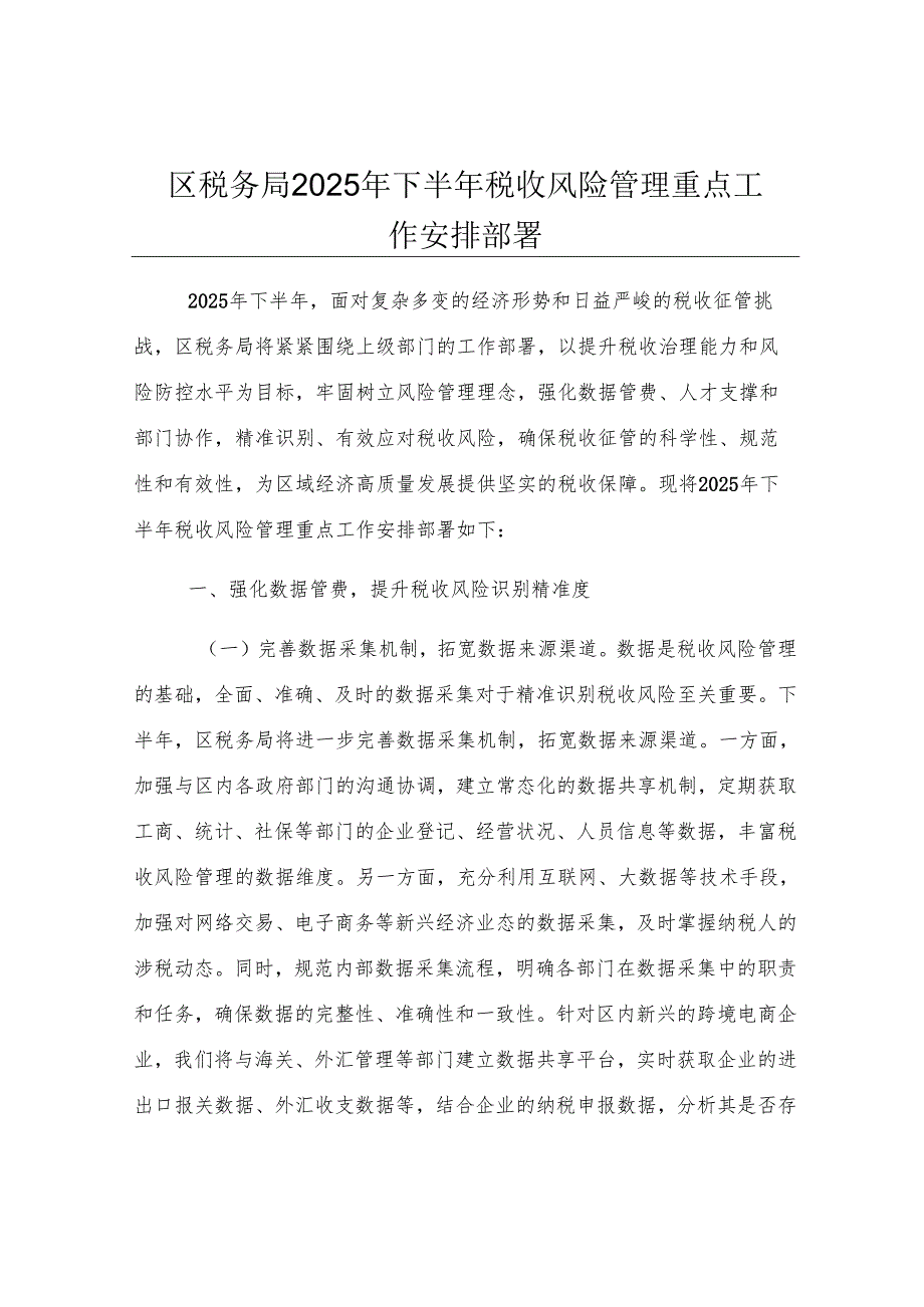 区税务局2025年下半年税收风险管理重点工作安排部署.docx_第1页