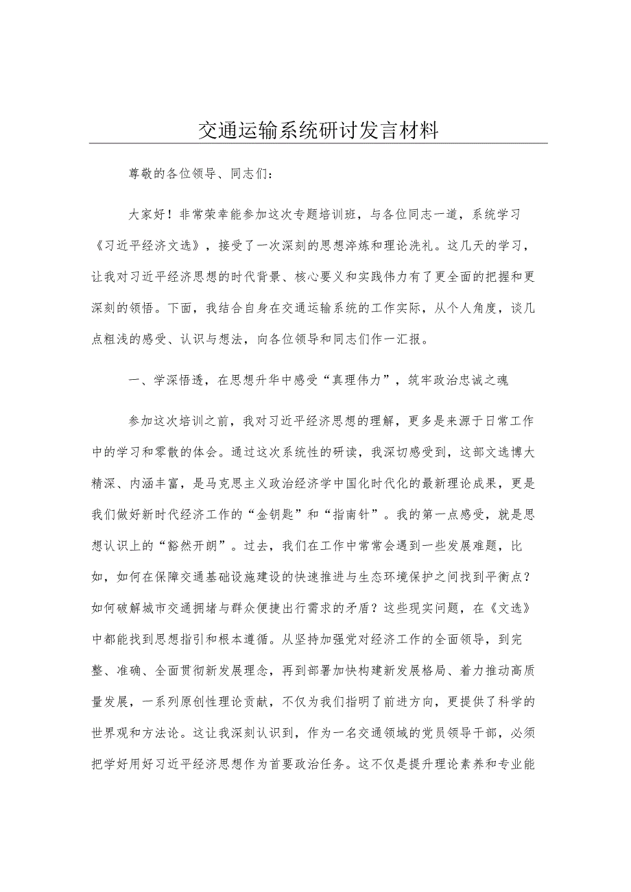 交通运输系统研讨发言材料.docx_第1页