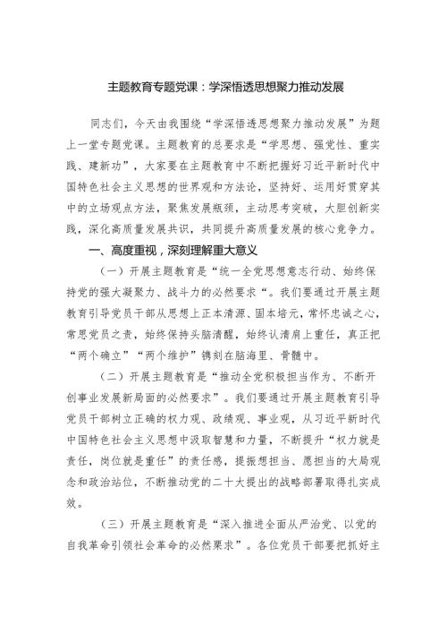 主题教育专题党课：学深悟透思想聚力推动发展范文.docx